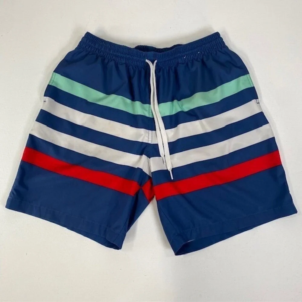 Chubbies Swim Trunks Navy Blue White Red Striped Elastic Waist‎ Drawstring Large